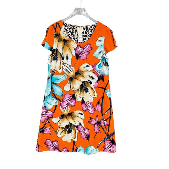 Chico’s Sz 00 PETITE Reversible Orange Tropical Floral Cheetah Print Shift Dress - Picture 7 of 15